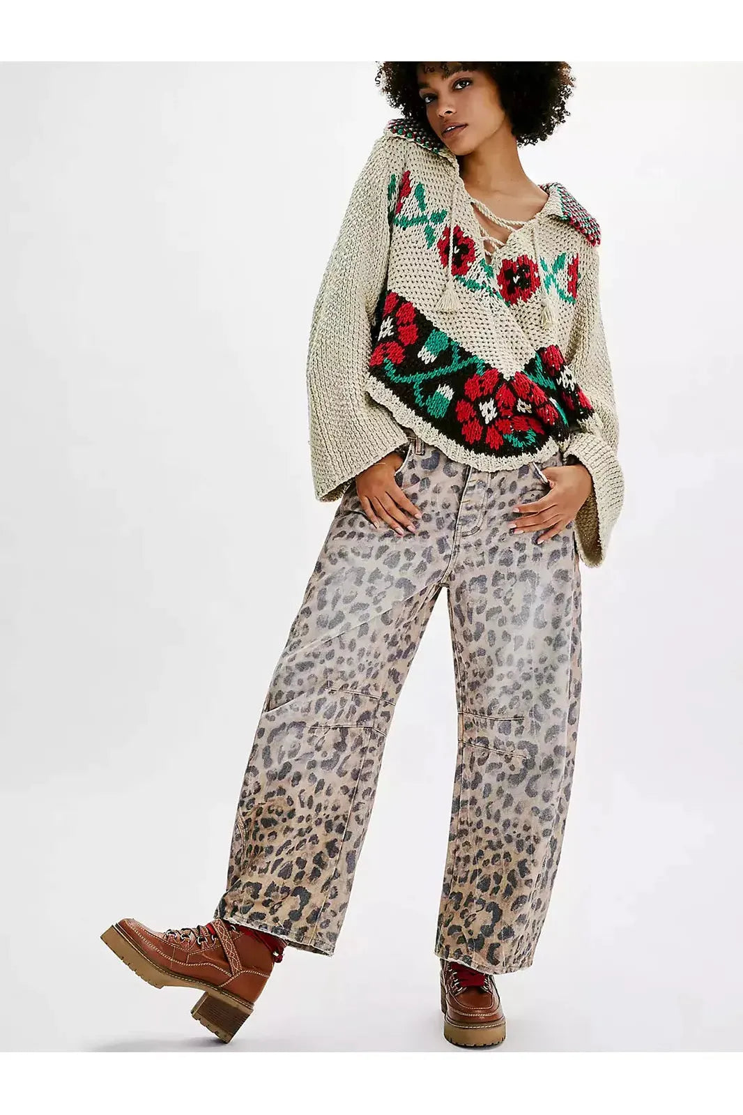 Leopard Print Barrel Jeans