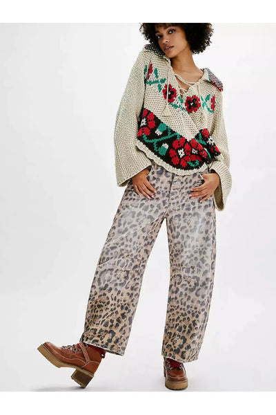 Leopard Print Barrel Jeans