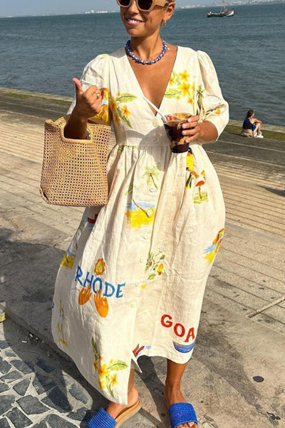 Button-Down V-Neck Midi Dress