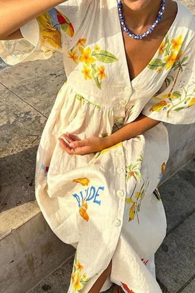 Button-Down V-Neck Midi Dress