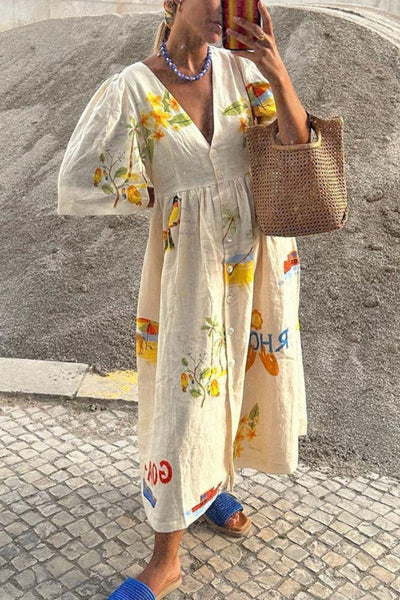 Button-Down V-Neck Midi Dress