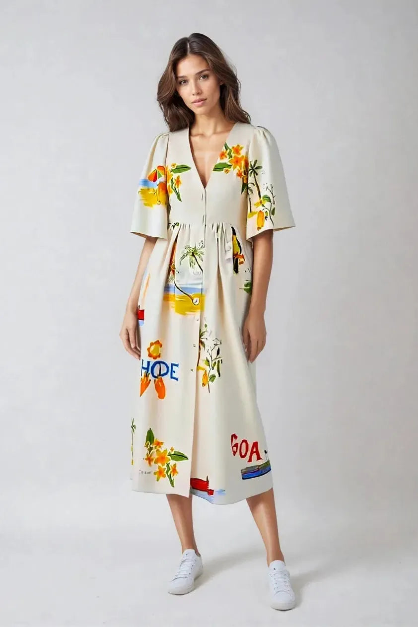 Button-Down V-Neck Midi Dress