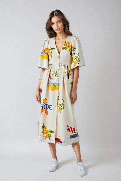 Button-Down V-Neck Midi Dress