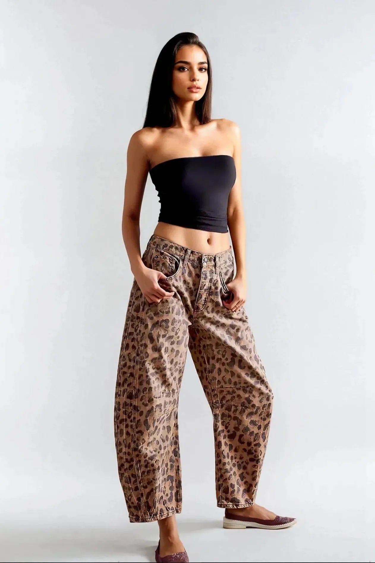 Leopard Print Barrel Jeans