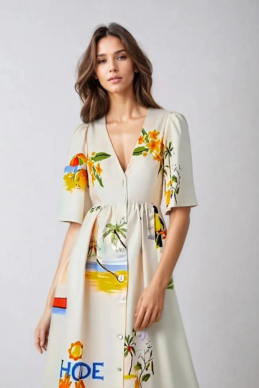 Button-Down V-Neck Midi Dress