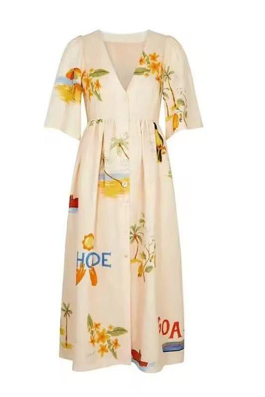 Button-Down V-Neck Midi Dress